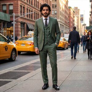 New 2026 Mens 3pc Sharkskin Olive Suit Set, Hybrid Fit (H1)